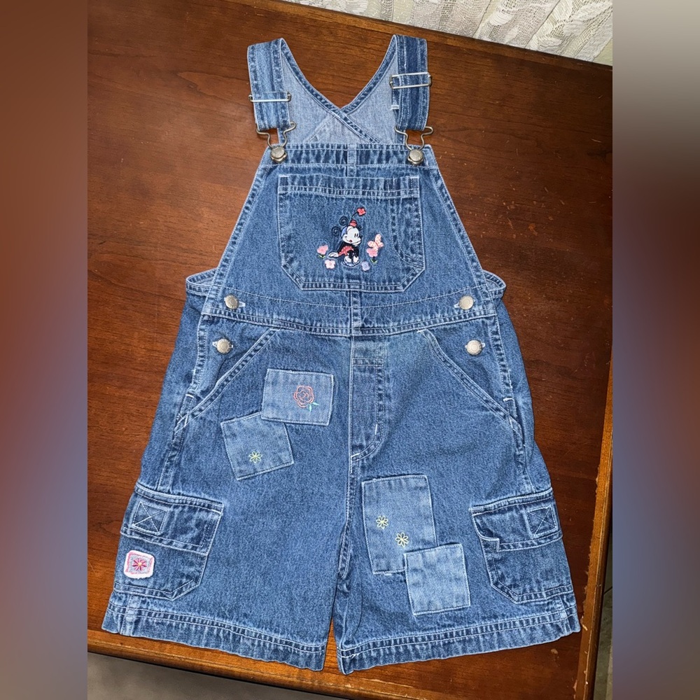 DISNEY STORE Vintage Minnie Mouse Patchwork Girls Cargo Shortalls Size 6/6x